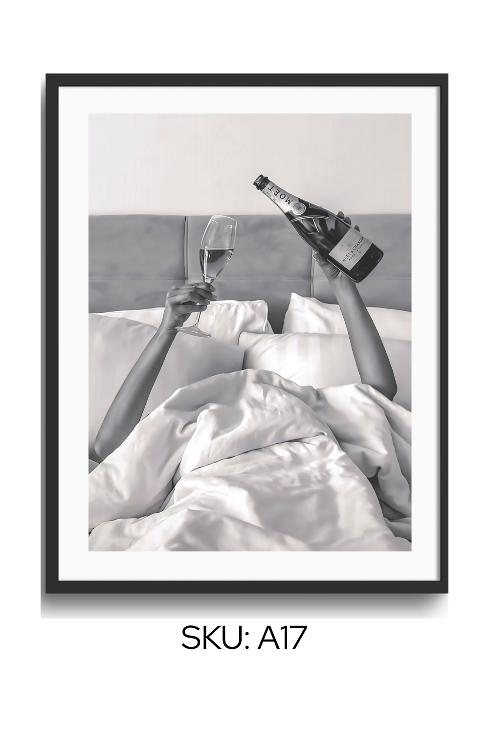 Champagne in Bed – Framed Wall Art, Size A2 Only