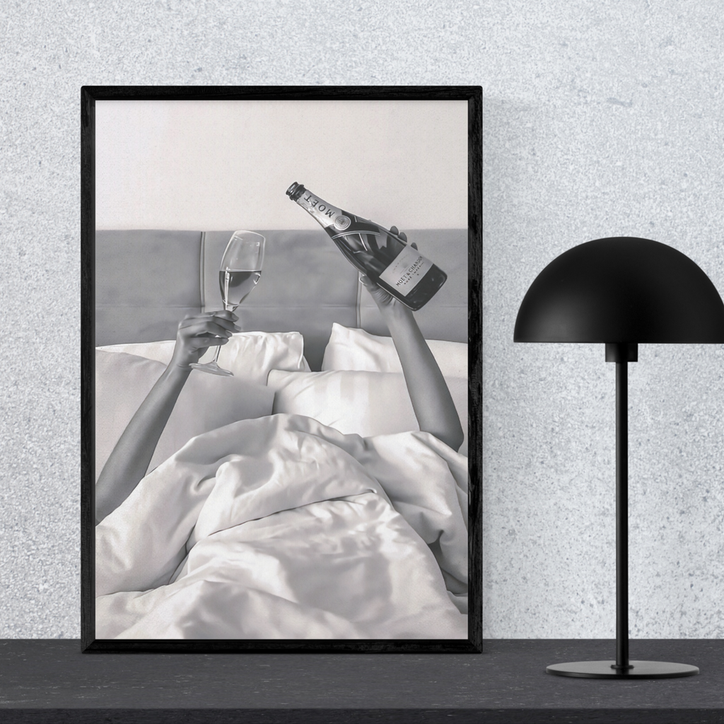 Champagne in Bed – Framed Wall Art, Size A2 Only
